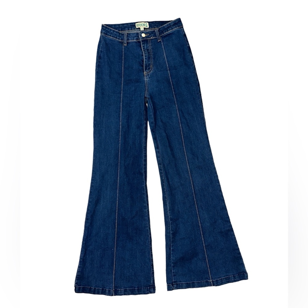 bell bottom medium wash high waisted jeans